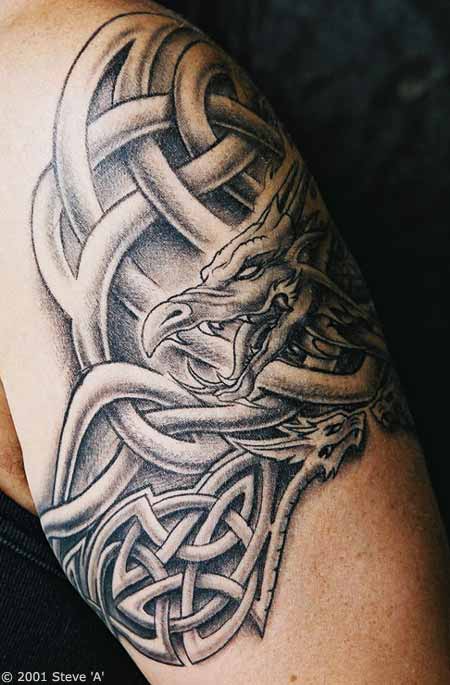 A Celtic dragon tattoo that combines a Western fantasy dragon and