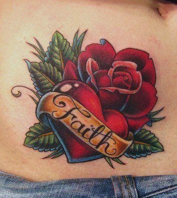 Flower Rose on This Classic Tattoo Style Rose And Heart Tattoo Sports The Word Faith