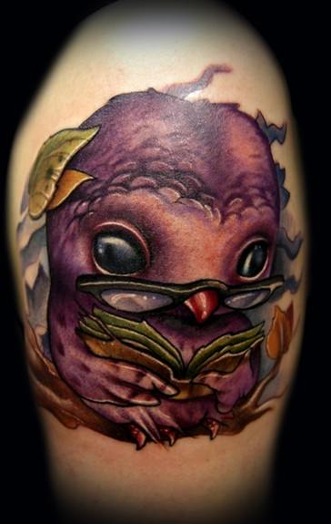 An owl tattoo design by tattoo artist Kelly Doty, who specializes in 3D