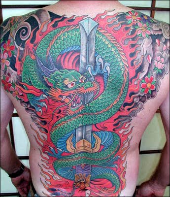 An Asian dragon tattoo design with a samurai sword