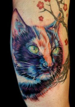 A realistic tattoo art portrait of a cat, complete with photorealistic lighting and shading