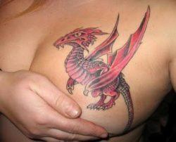 A cute cartoon dragon tattoo on a womans breast is a symbol of comedy fantasy inspired by authors like Terry Pratchett