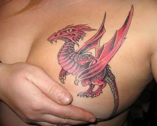A cute cartoon dragon tattoo on a womans breast is a symbol of comedy fantasy inspired by authors like Terry Pratchett