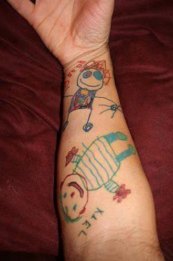 An abstract tattoo of children's drawings is a sweet way for parents to remember their childrens childhoods