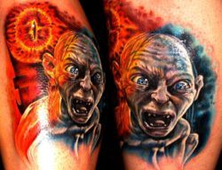 A photorealistic tattoo of Gollum from the Lord of the Rings movies, based on the book by JRR Tolkien