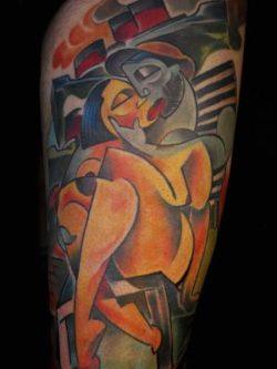 An abstract tattoo design by Pascal Jarrion of two lovers kissing in a show of love