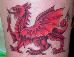 A patriotic tattoo of the medieval red dragon from the Welsh flag