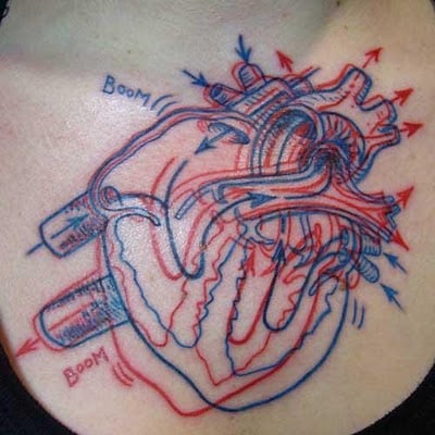 When viewed through 3D glasses, this 3-dimensional tattoo of a human heart will seem to pop out of the skin