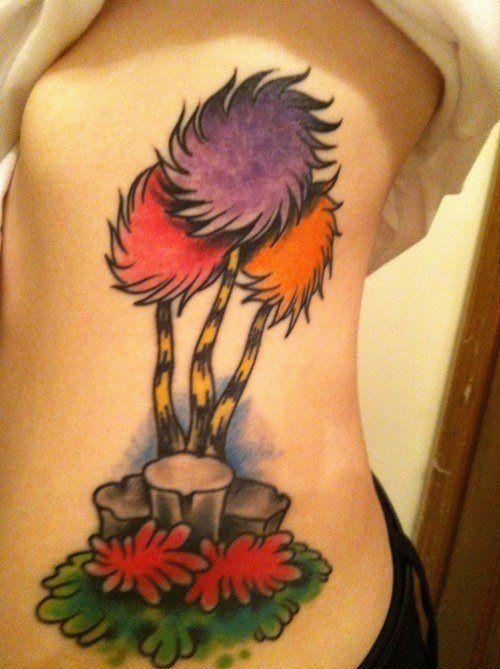 A Dr Seuss tattoo of the Truffula trees from The Lorax, a children's book with an ecological moral