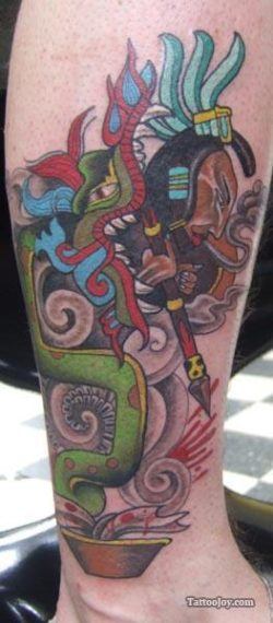 A mayan style tattoo design featuring a serpent and a hunter