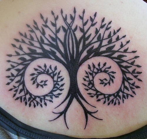 A stylized and decorative tree of life tattoo design in black ink, symbolizing how all aspects of life are connected