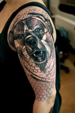 An abstract animal tattoo of a bear in a cubist art style by Peter Aurisch