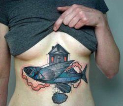 This Peter Aurisch abstract tattoo shows off a flying fish, house, and a rain cloud raining upwards