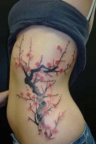 This cherry blossom tree tattoo design looks like a traditional Japanese watercolor painting.