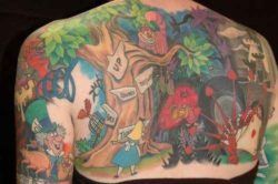 A full back tattoo that shows cartoon scenes from the Walt Disney animation Alice in Wonderland