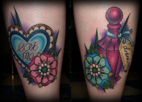 Girly and flirtatious Eat me and Drink me tattoos from Alice in Wonderland