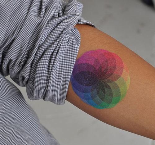 A colorful and beautiful color wheel mandala tattoo that is a perfect choice for designers and artists
