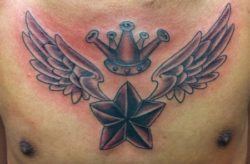 This flying star and crown tattoo is a symbol of personal pride and strength