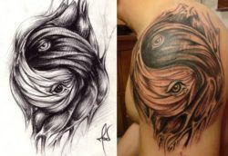 This artistic yin yang is based on an artist's sketch which uses human eyes as the dots of the yin yang tattoo