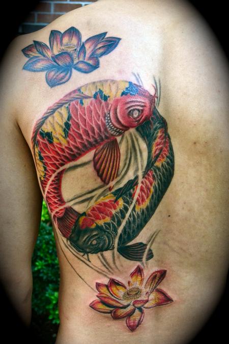This stylized yin yang tattoo design shows two koi fish, equal in size and shape but opposite in color