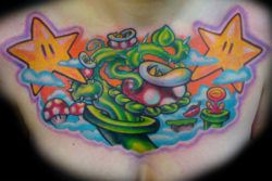 A Josh Woods tattoo featuring the power stars and plant monsters from the Super Mario video games