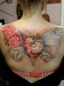 A beautifully feminine steampunk tattoo with a wealth of symbolism built into the design