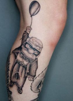 A black and white tattoo of the old man, Carl Fredrickson, from the Pixar movie Up