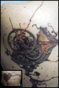 A steampunk tattoo design of a clockwork mechanism that has traveled through time and rusted