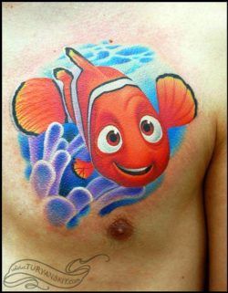 A tattoo of Marlin the clown fish from the Pixar film Finding Nemo
