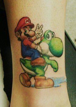 A tattoo of adult Mario and a Yoshi dragon from the Mario video games
