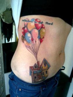 A tattoo of how Carl Fredrickson made his house fly with balloons in the Pixar movie Up