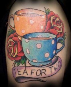 A tea for two tattoo design with vintage polka dot tea cups