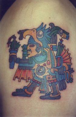 A tribal tattoo of an Aztec eagle warrior who wears an eagle head and protects the aztec people