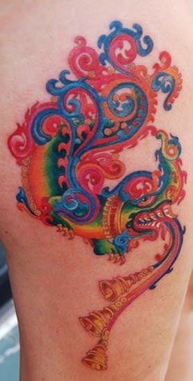 A trippy tattoo design of a tribal dragon with bells on its tongues. Psychedelic colors