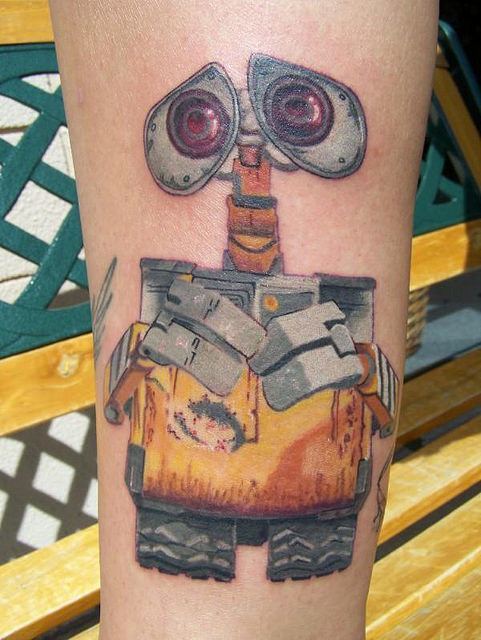 An adorable tattoo of the lovable robot Wall-E designed by Pixar animation studios