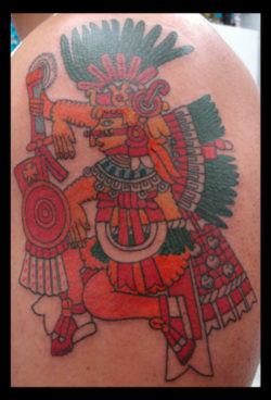 Aztec tattoos usually show figures in profile surrounded by symbolic headdresses, clothing and weapons