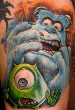 This Pixar tattoo shows the colorful main characters Sulley and Mike Wazowski from the film Monsters Inc