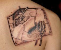 This tattoo design shows the famous MC Escher art work of an urobolus of two hands drawing each other