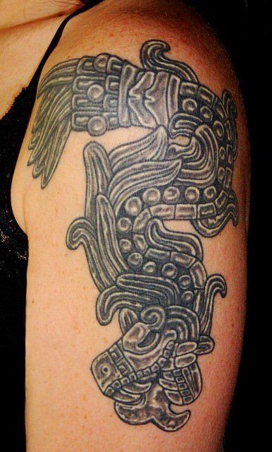 This tribal Aztec tattoo shows Quetzalcoatl, the Aztec god of life