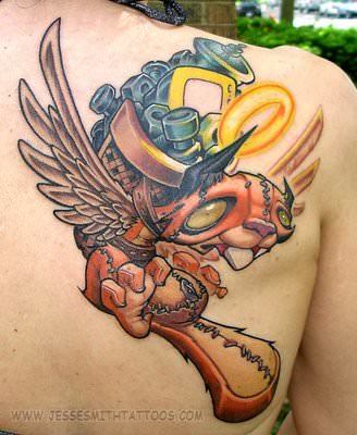A cartoon graffiti tattoo by Jesse Smith of a Frankenstein angel squirrel carrying nuts and bolts