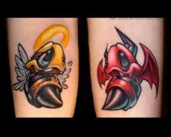 A cartoon graffiti tattoo by Jesse Smith of two bees as an angel and a demon, representing good and evil