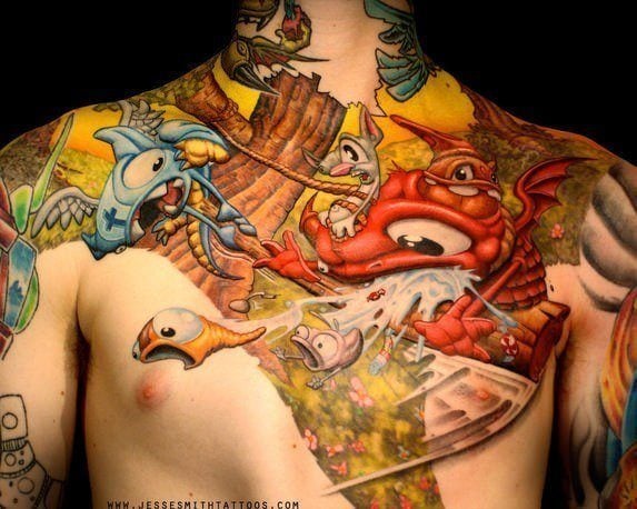 A colorful cartoon graffiti tattoo by Jesse Smith of a pinjata creature exploding and spewing out worms
