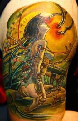 A colorful tattoo of Motoko Kusanagi from the anime film Ghost in the Shell