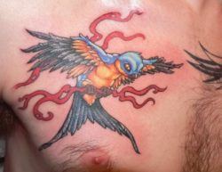 A creative cartoon tattoo of a swallow. The stylized tattoo design boasts detail in the wing and tail feathers