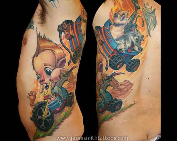 A funny cartoon graffiti tattoo design by Jesse Smith of a kid on a tricycle with a cart full of cats and dogs