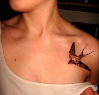 A small swallow tattoo on the left shoulder, a popular symbol for travelers and adventurers