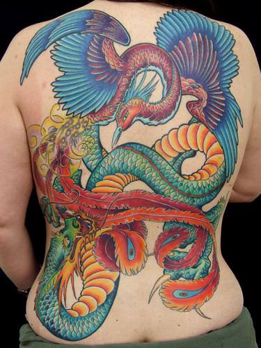 A stunning phoenix and dragon tattoo design that creates contrast by combining warm and cool colors