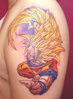 A tattoo of Goku from the Dragonball manga and anime, tattooed by Nelson Mandingo