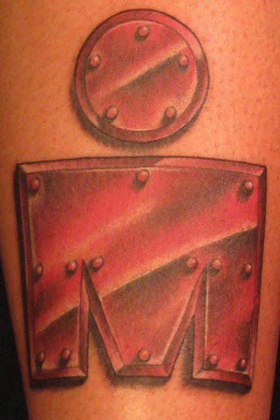 A tattoo of the Iron Man symbol which uses the letters I and M to make the logo