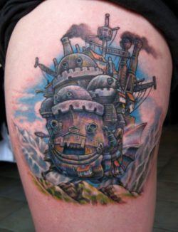 A tattoo of the walking house from the anime film Howl's Moving Castle